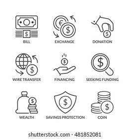 coin icons set, thin line, black color