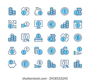 Coin icons set. Vector line icons. Blue color outline stroke symbols. Modern concepts