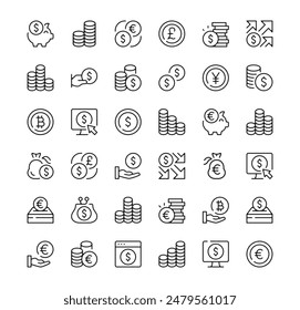 Coin icons set. Vector line icons. Black outline stroke symbols