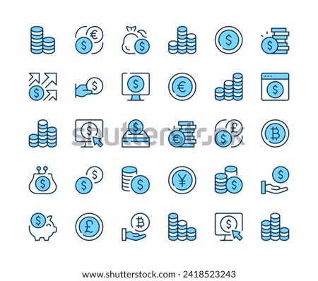 Coin icons set. Vector line icons. Blue color outline stroke symbols. Modern concepts
