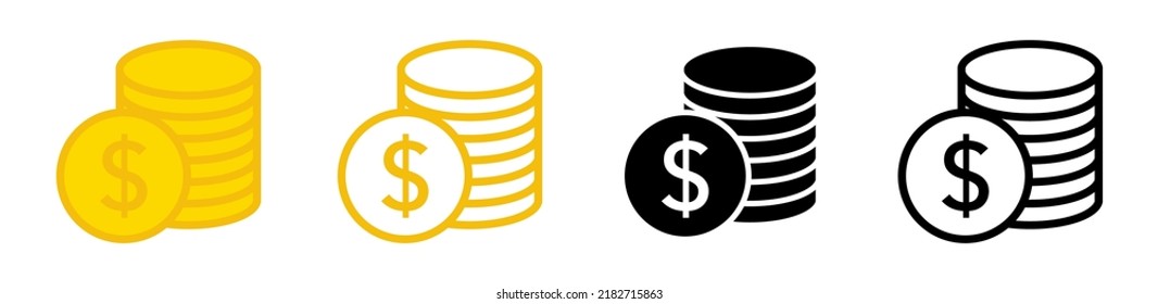 Coin icons, stacks of money. Dollar stacks, incomes, piles of cash for bank and web. Vector. Line gold illustration of salary, currency.