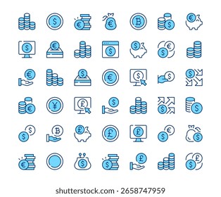 Iconos de monedas. Conjunto de iconos de línea de Vector. Diseño de contorno moderno. Concepto azul