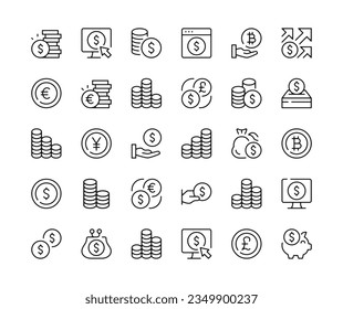 Coin icons. Vector line icons set. Black outline stroke symbols