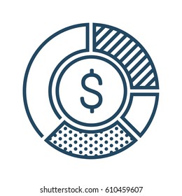 Coin inside Pie Chart vector icon in meaning Financial Statistics 