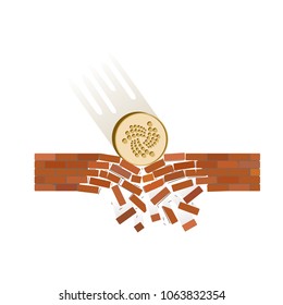 coin of iota fall down on a white background , crypto currency breaks through the brick wall of support , vector image design concept 