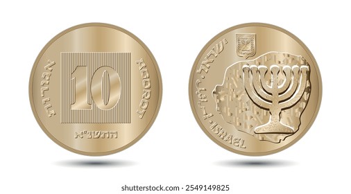 Coin, Israel, 10 Agorot. 1984 a 2017. Letra: "ISRAEL", "10 AGOROT". Anverso e reverso de Israel dez agorot moeda em ilustração vetorial.