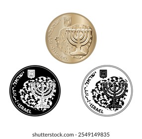 Coin, Israel, 10 Agorot. 1984 a 2017. Letra: "10 AGOROT". Anverso de Israel dez agorot moeda em ilustração vetorial.