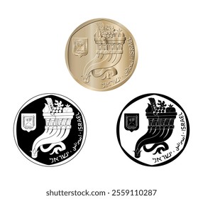 Coin, Israel, 5 sheqalim. Obverse of Israel five sheqalim coin. The coin is depicted in black and white. Vector illustration.