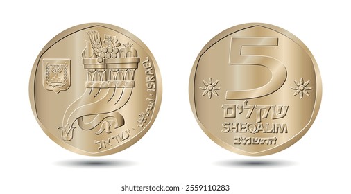 Coin, Israel, 5 sheqalim. Reverse and obverse of Israel five sheqalim coin. Vector illustration.