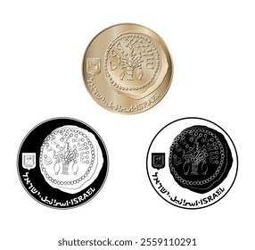 Coin, Israel, 50 sheqalim. Obverse of Israel fifty sheqalim coin. The coin is depicted in black and white. Vector illustration.