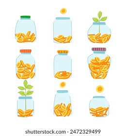 coin jar set cartoon. glass cash, moneybox hand, business gold coin jar sign. isolated symbol vector illustration