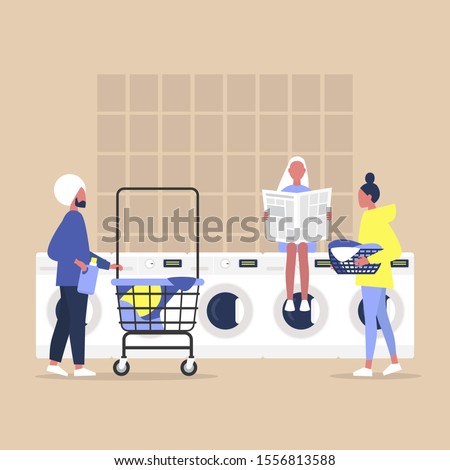 Coin laundry, a group of characters washing, drying and folding their clothes, daily routine