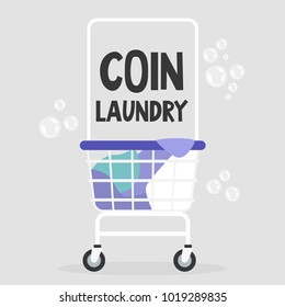 Coin laundry, poster. Colourful clothes in a trolley. Daily routine. Self service. Flat editable vector illustration, clip art