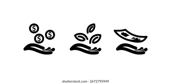 Diseño de logotipo de moneda, hoja y billete en mano con estilo de línea creativa