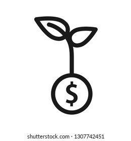Coin with leaf growth icon. Saving money. Investment. Stroke outline style. Line vector. Isolate on white background.