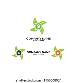 Combinación de la moneda y el logotipo de la hoja. Dinero y símbolo ecológico. Diseño único en efectivo y lotipo orgánico - vector.
