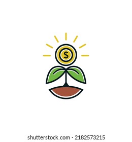 Icono de vectores de monedas y hojas, concepto de inversión de crecimiento de dinero para diseño de logo de financiación de crecimiento