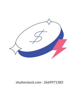 Coin and lightning icon symbolizing instant cash withdrawals with zero commission. Ideal for finance apps, banking dashboards, and digital wallet platforms promoting free ATM access.