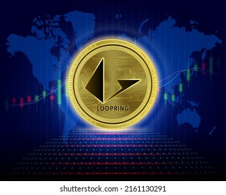 Coin Loopring (LRC) Cryptocurrency blockchain (moneda cripto) Tecnología de reemplazo digital futura. El gráfico plateado de crecimiento virtual de la moneda es un antecedente. Ilustración vectorial 3D.