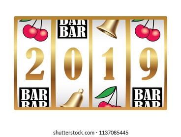 Coin machine showing the year 2019, vector illustration. 