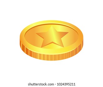 Coin made of gold, material with image of star shape, piece of money, treasure in form of coins, unique sign, vector illustration, isolated on white