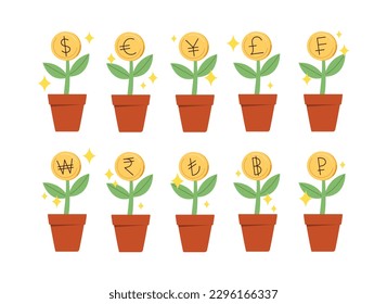 Coin of many currency on potted plant in vector illustration.