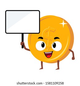Coin mascot holding blank sign character template