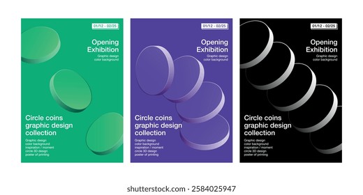 Coin medal low cylinder circle 3D poster collection simple modern green violet black background printing exhibition annual round gradient layout minimal style 