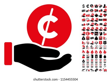 Coin micropayment hand icon. Vector illustration style is flat iconic symbols in black and red colors. Bonus contains 90 icons designed for business and commercial applications.