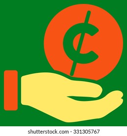 Coin Micropayment vector icon. Style is flat bicolor orange and yellow symbol, rounded angles, green background.