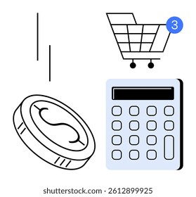 Coin in mid-air, shopping cart with three notifications, and calculator. Ideal for e-commerce, online shopping, financial planning, budgeting, cost analysis, retail management, and digital
