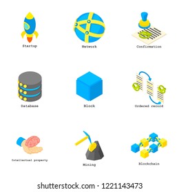 Coin mining icons set. Isometric set of 9 coin mining vector icons for web isolated on white background