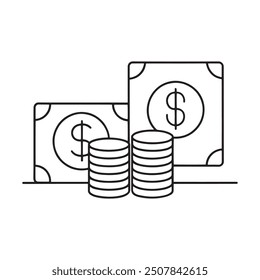 Coin with money card line art flat vector illustration.