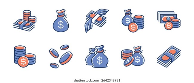 coin and money dollar cash icon line set financial accounting currency business wealth profit vector illustration. online payment, earning, donation, tip, loan signs outline design