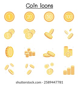 Coin, money icon set in flat color style