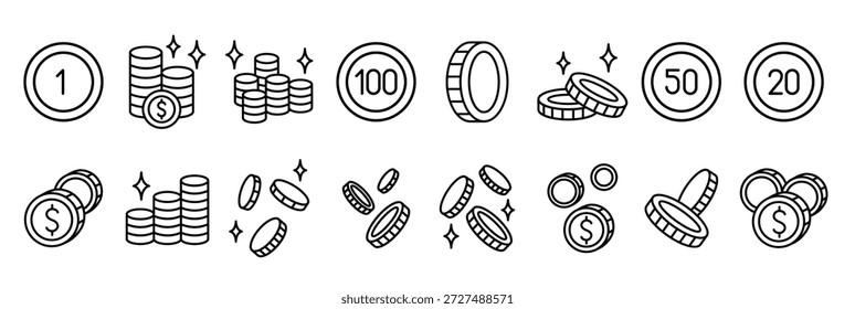 Coin, money icon set in thin line style