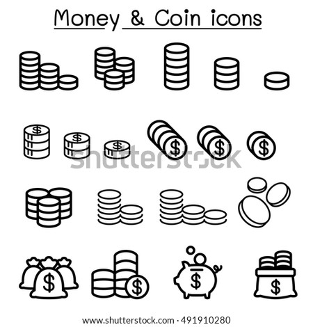Coin & money icon set in thin line style