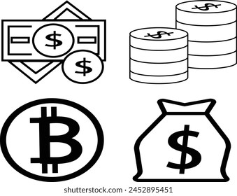 coin money icon vector illustration design.Dollar coin icons set. US Dollars money symbol - stock vector.Bitcoin line icons set. Modern graphic design concepts, simple outline elements collection.