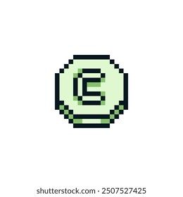 Coin money pixel art icon. Sticker design. 8-bit sprite. Isolated vector illustration.