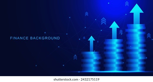 Coin money stack with up arrows. Economy finance, increase revenue, financial investment and business growth concept on dark blue background. Vector illustration.