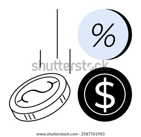 Coin with a money symbol, falling lines, percentage icon in light blue circle, dollar sign icon in black circle. Ideal for finance, investments, savings, banking, economy, interest rates, currency