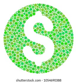 Coin mosaic of filled circles in variable sizes and green color hues. Vector circle elements are grouped into coin composition. Ecology design concept.