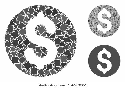 Coin mosaic of joggly pieces in various sizes and color tints, based on coin icon. Vector rough pieces are combined into mosaic. Coin icons collage with dotted pattern.