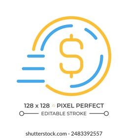 Coin in motion two color line icon. Bank transfer payment. Sending money. Digital wallet transaction bicolor outline symbol. Duotone linear pictogram. Isolated illustration. Editable stroke