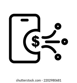 Monedas moviéndose al móvil. Icono de línea simple. Aislar sobre fondo blanco. Servicios de pago móvil, aplicación de finanzas telefónicas, tecnología de banca financiera, icono de línea vectorial.