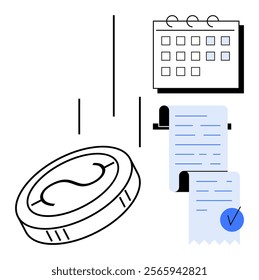 Coin next to calendar and receipt with checkmark. Ideal for financial planning, budgeting, saving, expense tracking, time management. Simplistic style, mainly black, white, blue colours in vector