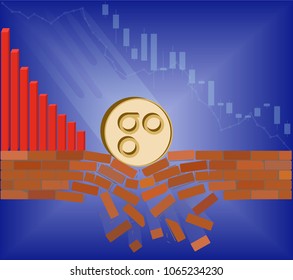 coin of omisego falls down with drop chart on a blue background. Crypto currency breaks through the brick wall of support.Vector image design concept