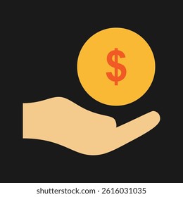 Coin on hand icon in a flat style. A modern and minimalist financial icon