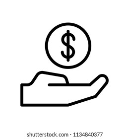 Coin on hand icon. Line vector. Isolate on white background.