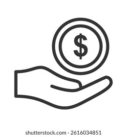 Coin on hand icon in a line style. A modern and minimalist financial icon. 